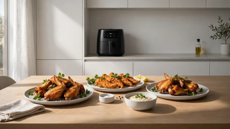 A table spread with various crispy air fried chicken dishes