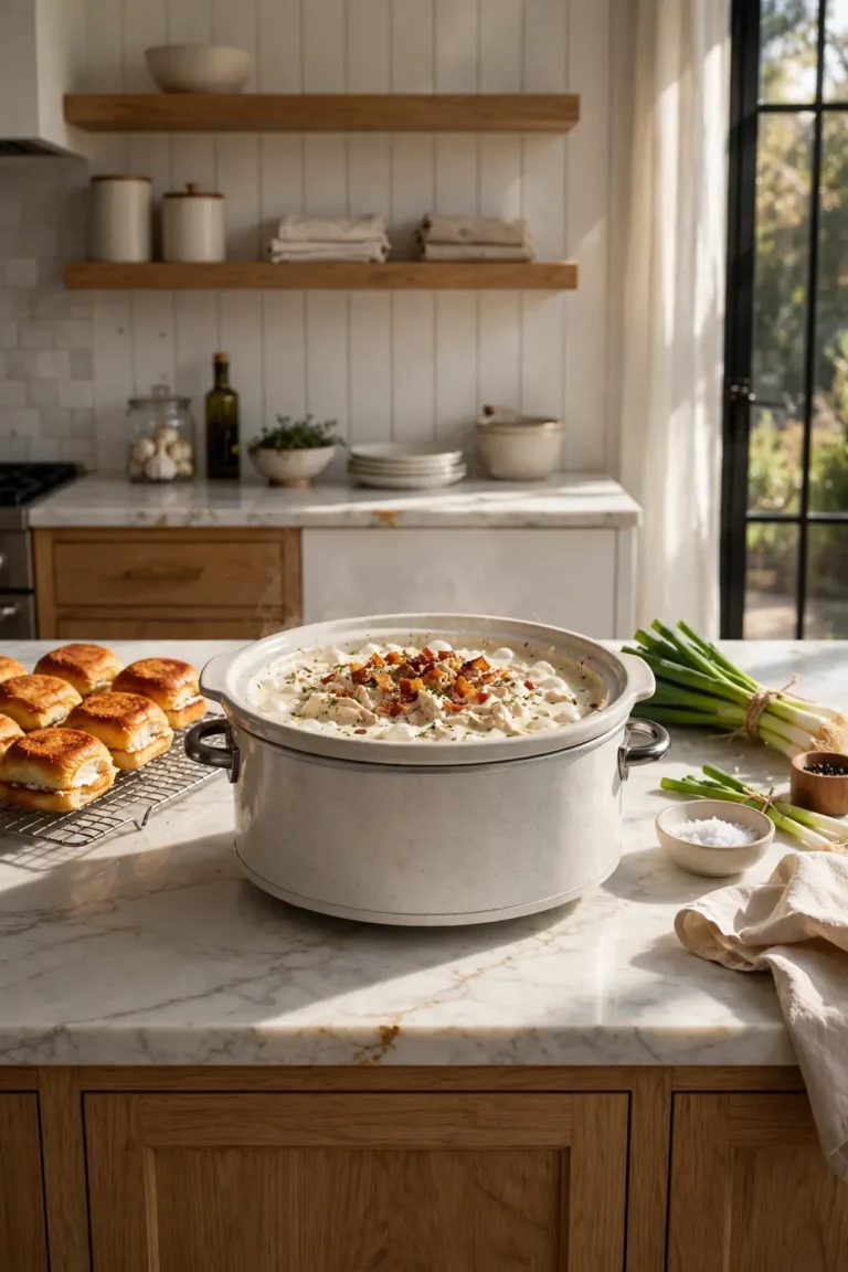 A large slow cooker filled with warm cooked chicken and herbs on a kitchen counter