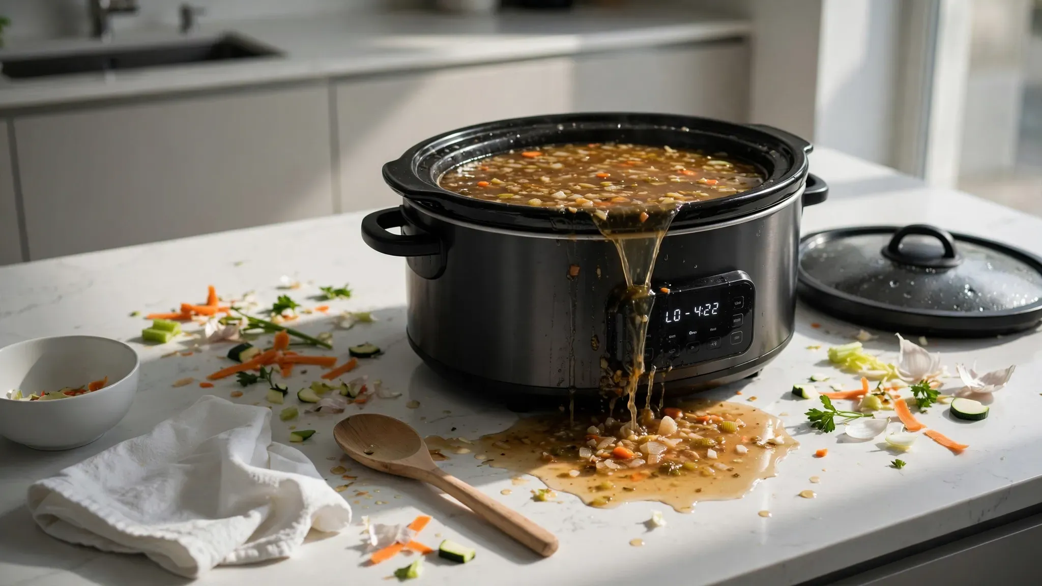 A messy slow cooker on a kitchen counter with spilling broth