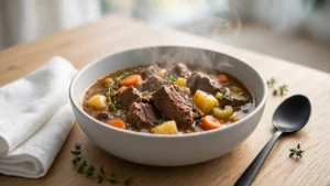 A steaming bowl of slow cooked beef stew on a wooden table