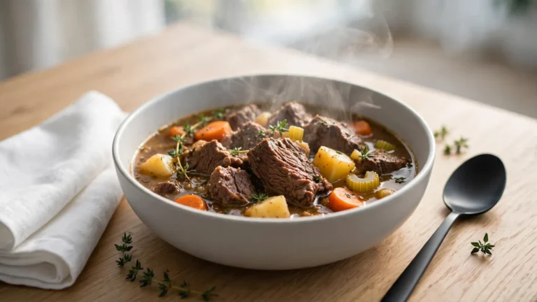 A steaming bowl of slow cooked beef stew on a wooden table