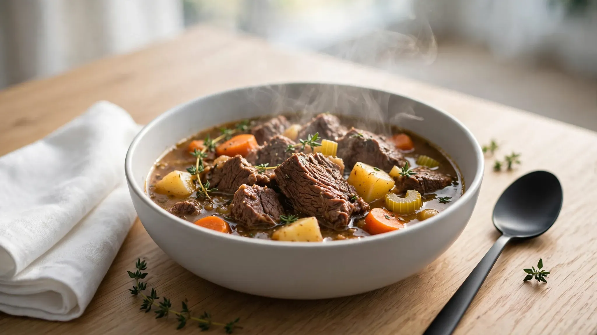 A steaming bowl of slow cooked beef stew on a wooden table