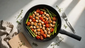 A rustic cast iron skillet filled with colorful roasted vegetables and chicken on a wooden table
