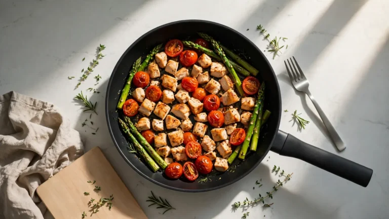A rustic cast iron skillet filled with colorful roasted vegetables and chicken on a wooden table