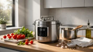 A sleek electric pressure cooker sitting on a rustic wooden kitchen counter surrounded by fresh vegetables