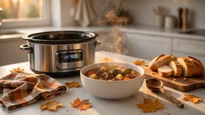 A steaming bowl of beef stew next to a slow cooker in a cozy autumn kitchen