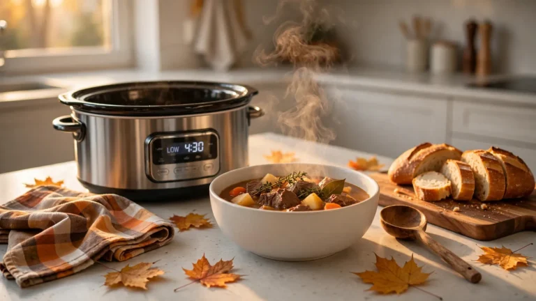 A steaming bowl of beef stew next to a slow cooker in a cozy autumn kitchen