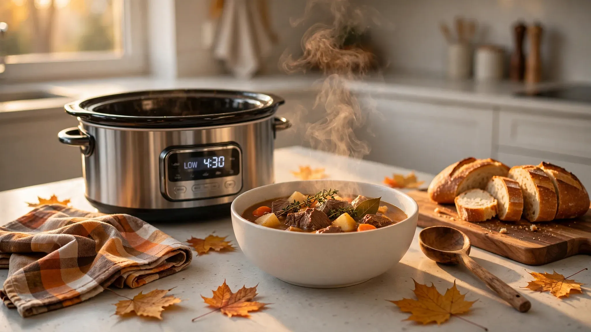 A steaming bowl of beef stew next to a slow cooker in a cozy autumn kitchen
