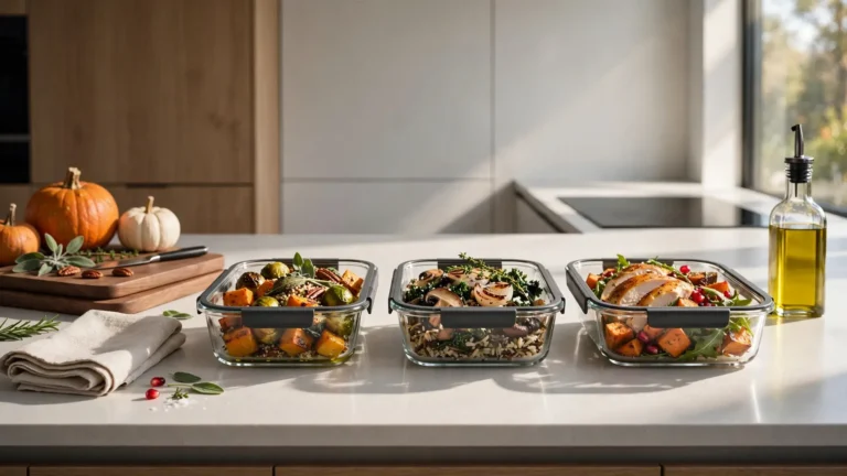 Several glass meal prep containers filled with autumn inspired meals on a wooden kitchen counter