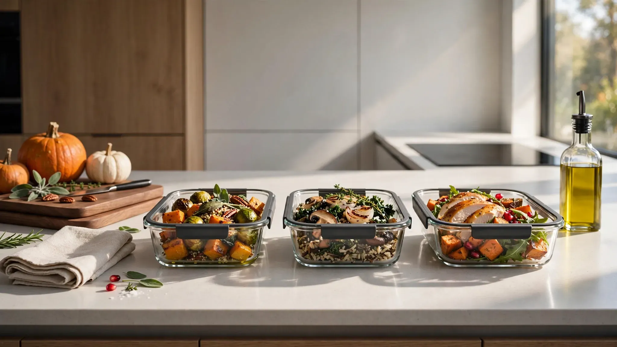 Several glass meal prep containers filled with autumn inspired meals on a wooden kitchen counter