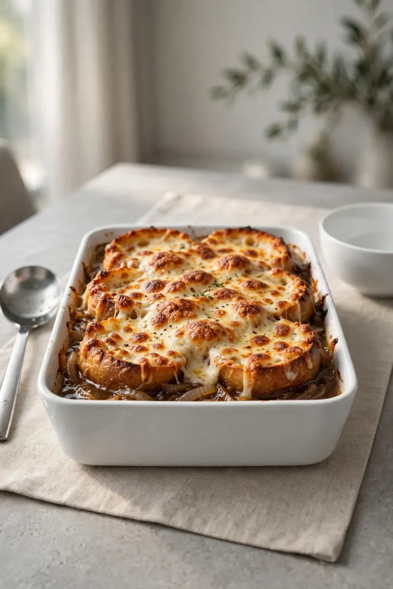 A rustic cast iron Dutch oven filled with bubbling cheesy casserole on a wooden dining table