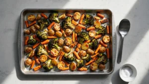 Assorted roasted vegetables on a bare metal sheet pan showing golden crispy edges