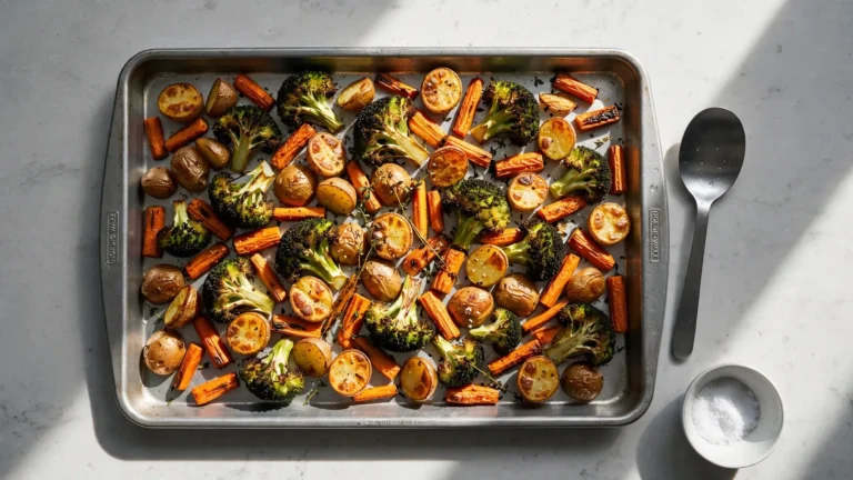 Assorted roasted vegetables on a bare metal sheet pan showing golden crispy edges