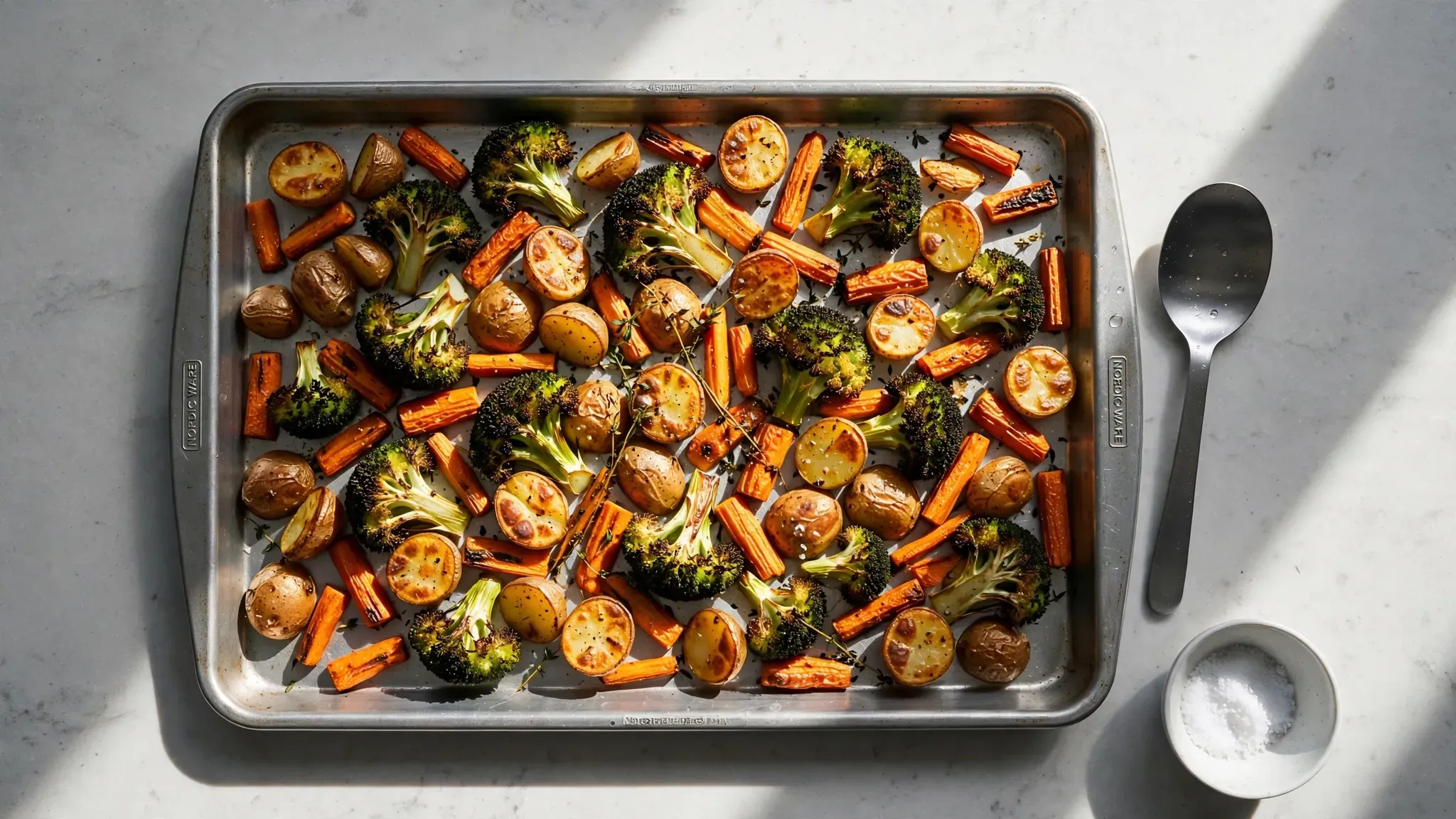 Assorted roasted vegetables on a bare metal sheet pan showing golden crispy edges