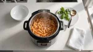 Top view of a steaming creamy tomato pasta in an electric pressure cooker