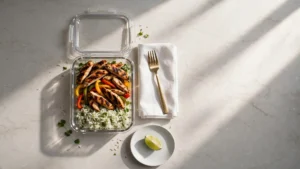 Multiple glass containers lined up on a kitchen counter filled with colorful fresh food