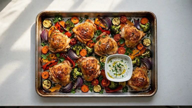 Assortment of roasted vegetables and meats on a baking tray