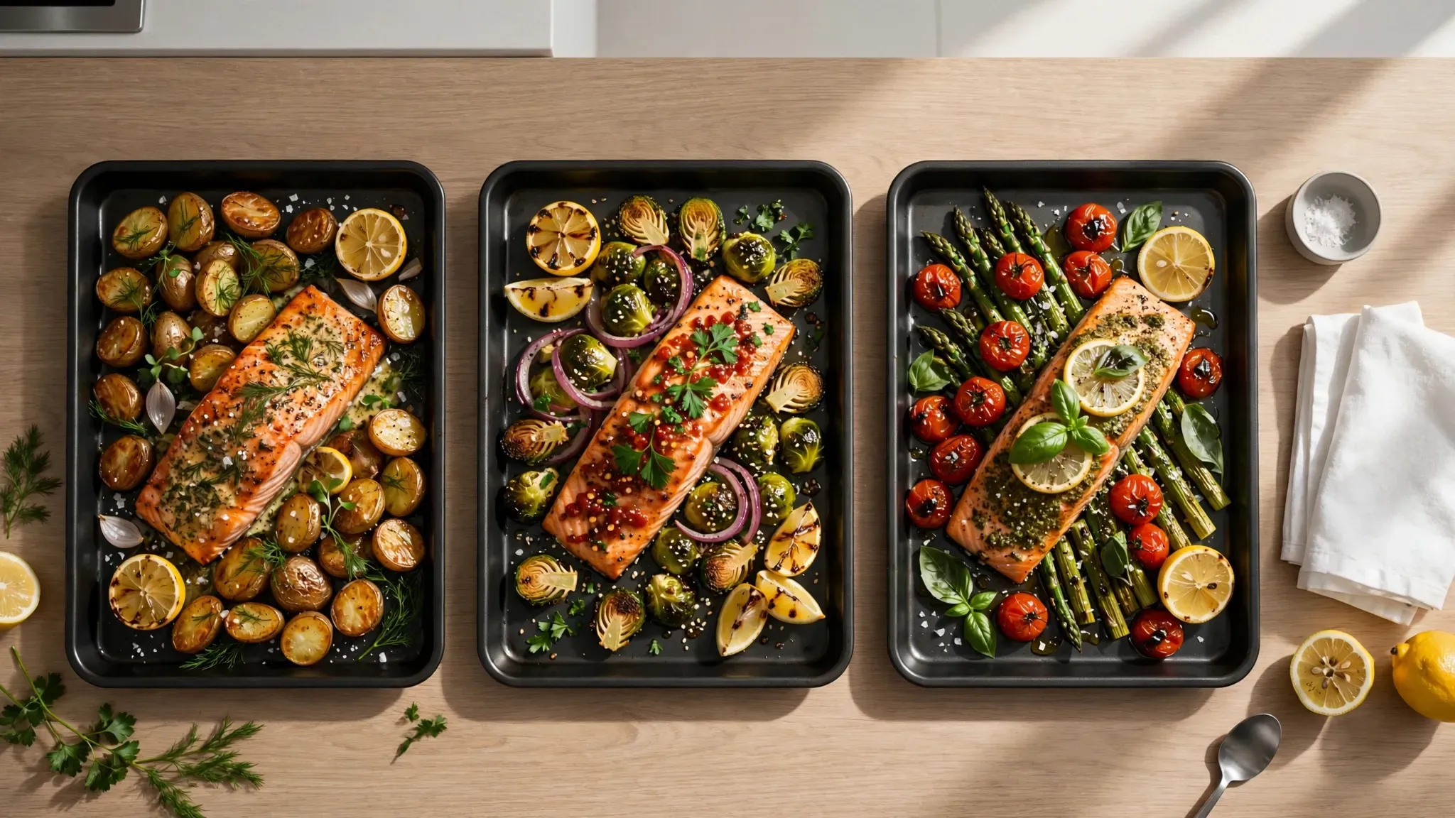 Three different sheet pan salmon meals on a rustic kitchen table