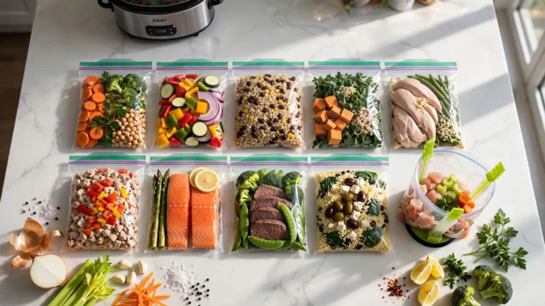Ten filled freezer bags arranged neatly on a kitchen counter