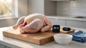 Raw poultry resting on a wooden kitchen cutting board