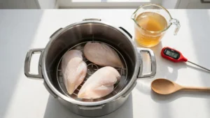 Frozen chicken breasts placed on a metal trivet inside a stainless steel pressure cooker pot