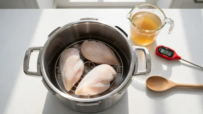 Frozen chicken breasts placed on a metal trivet inside a stainless steel pressure cooker pot