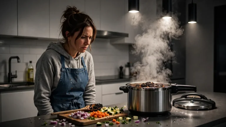Frustrated cook looking at a steaming pressure cooker with a burnt meal