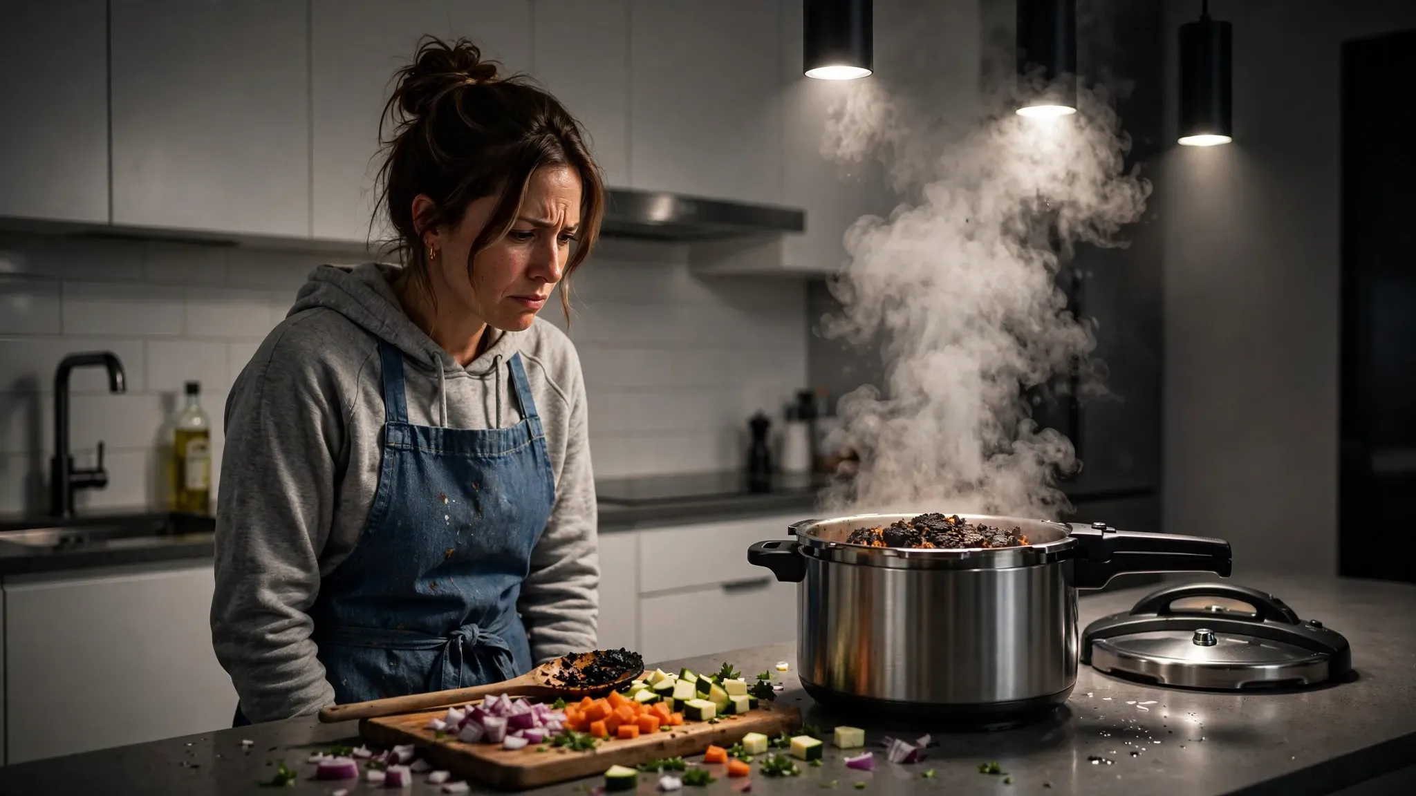 Frustrated cook looking at a steaming pressure cooker with a burnt meal