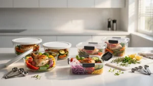 Kitchen counter with half glass and half plastic meal prep containers filled with fresh food