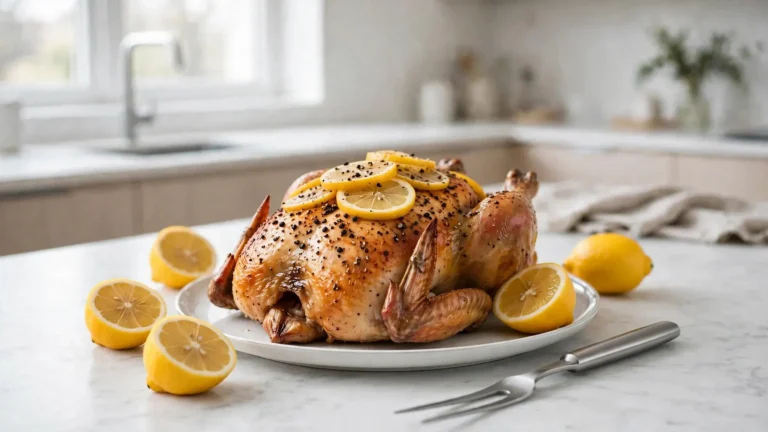 Perfectly cooked golden whole chicken resting on a wooden cutting board