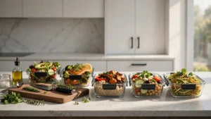 Glass meal prep containers filled with healthy food on a kitchen counter