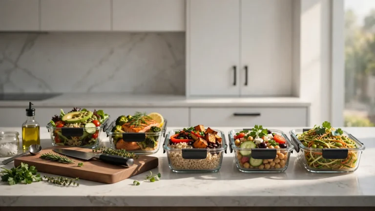 Glass meal prep containers filled with healthy food on a kitchen counter