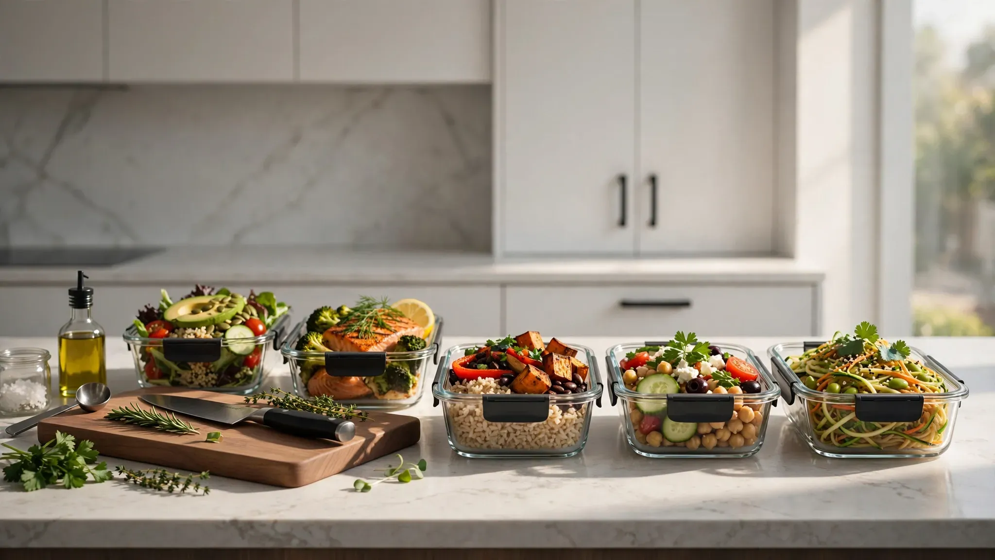 Glass meal prep containers filled with healthy food on a kitchen counter