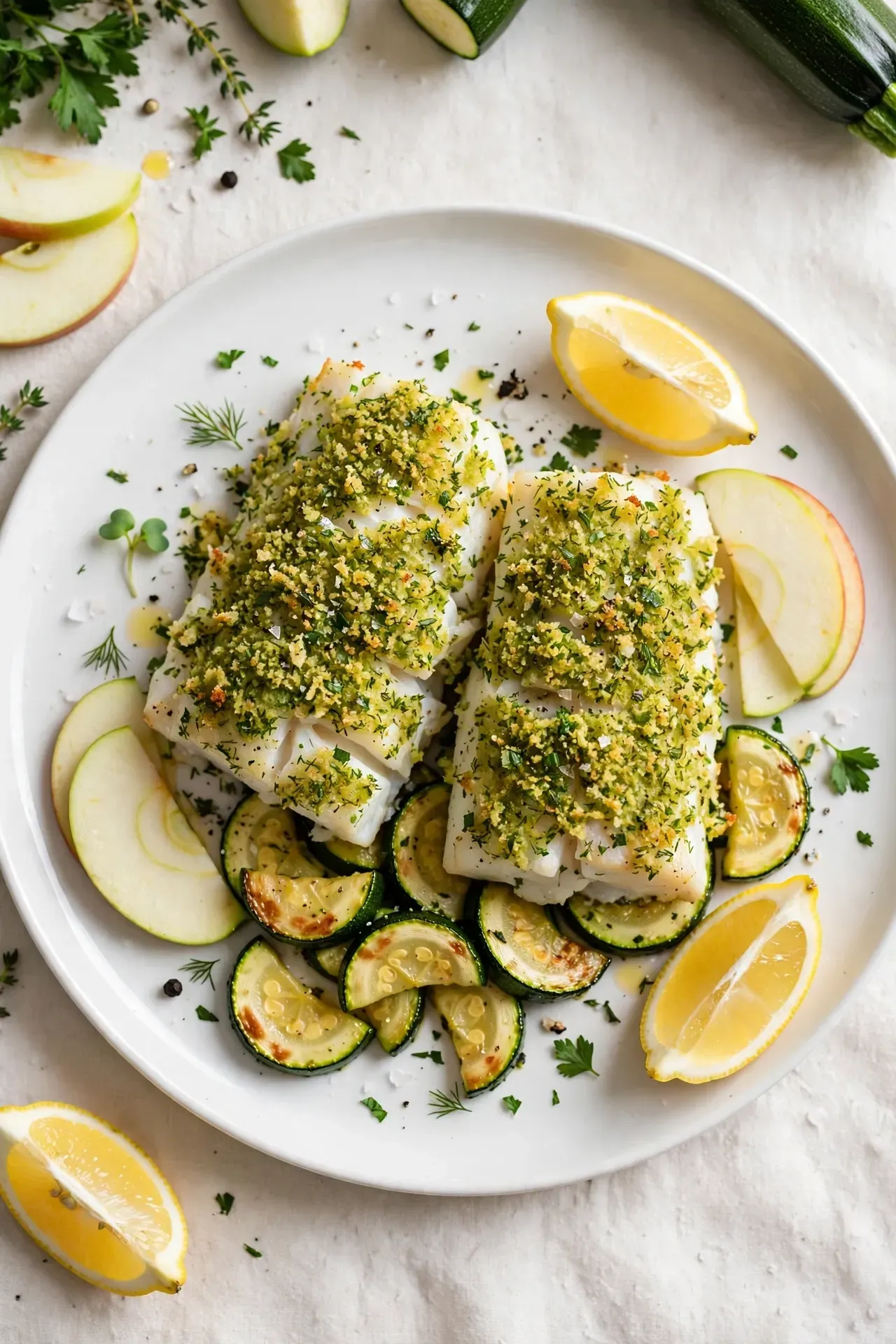 Herb Crusted Cod with Zucchini and Apples