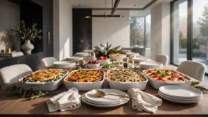 A spread of baked holiday breakfast casseroles on a festive table