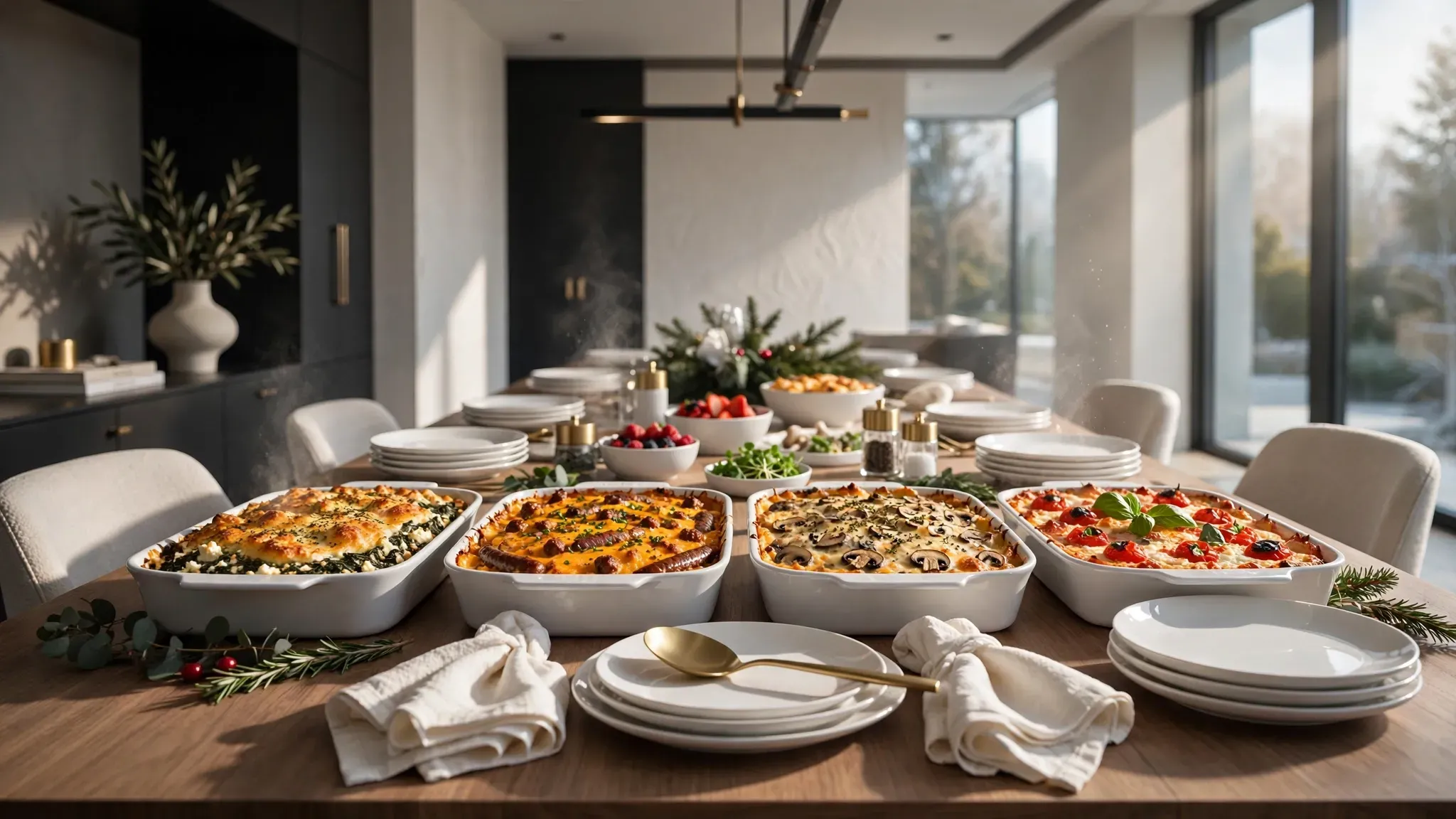 A spread of baked holiday breakfast casseroles on a festive table
