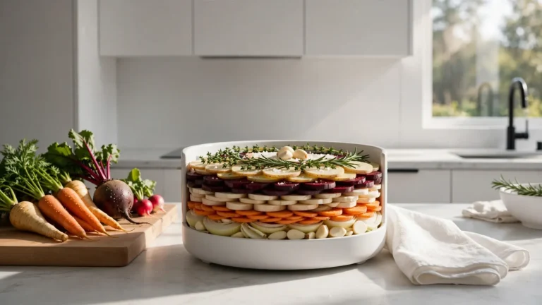 Perfectly layered ingredients in a large ceramic slow cooker