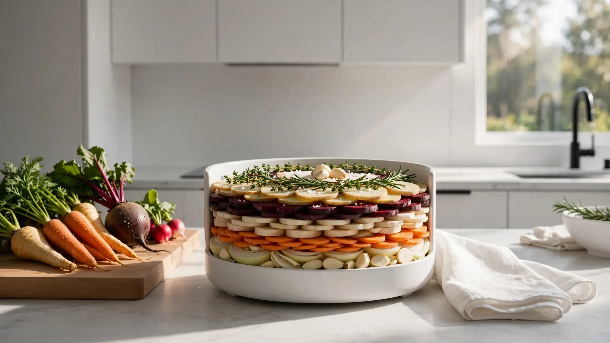 Perfectly layered ingredients in a large ceramic slow cooker