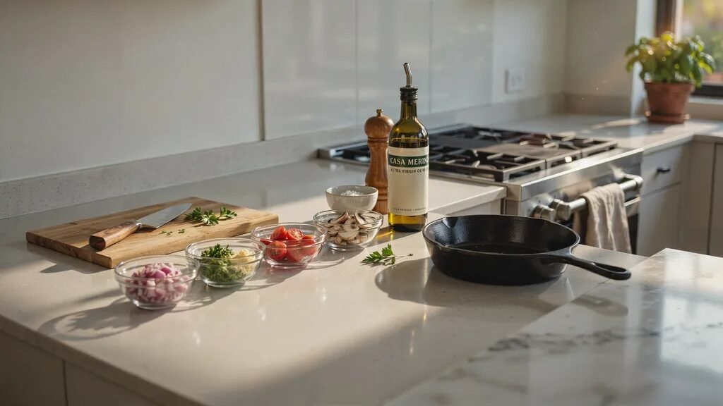 Small glass bowls containing diced onions, herbs, tomatoes, and mushrooms beside a skillet and olive oil bottle.