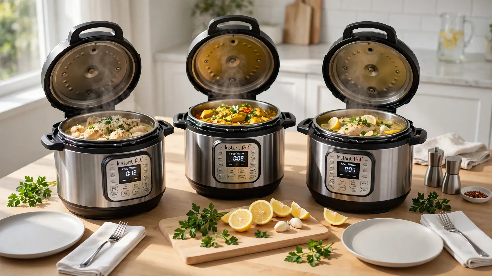 A rustic kitchen table filled with various hot chicken dishes in stainless steel pots