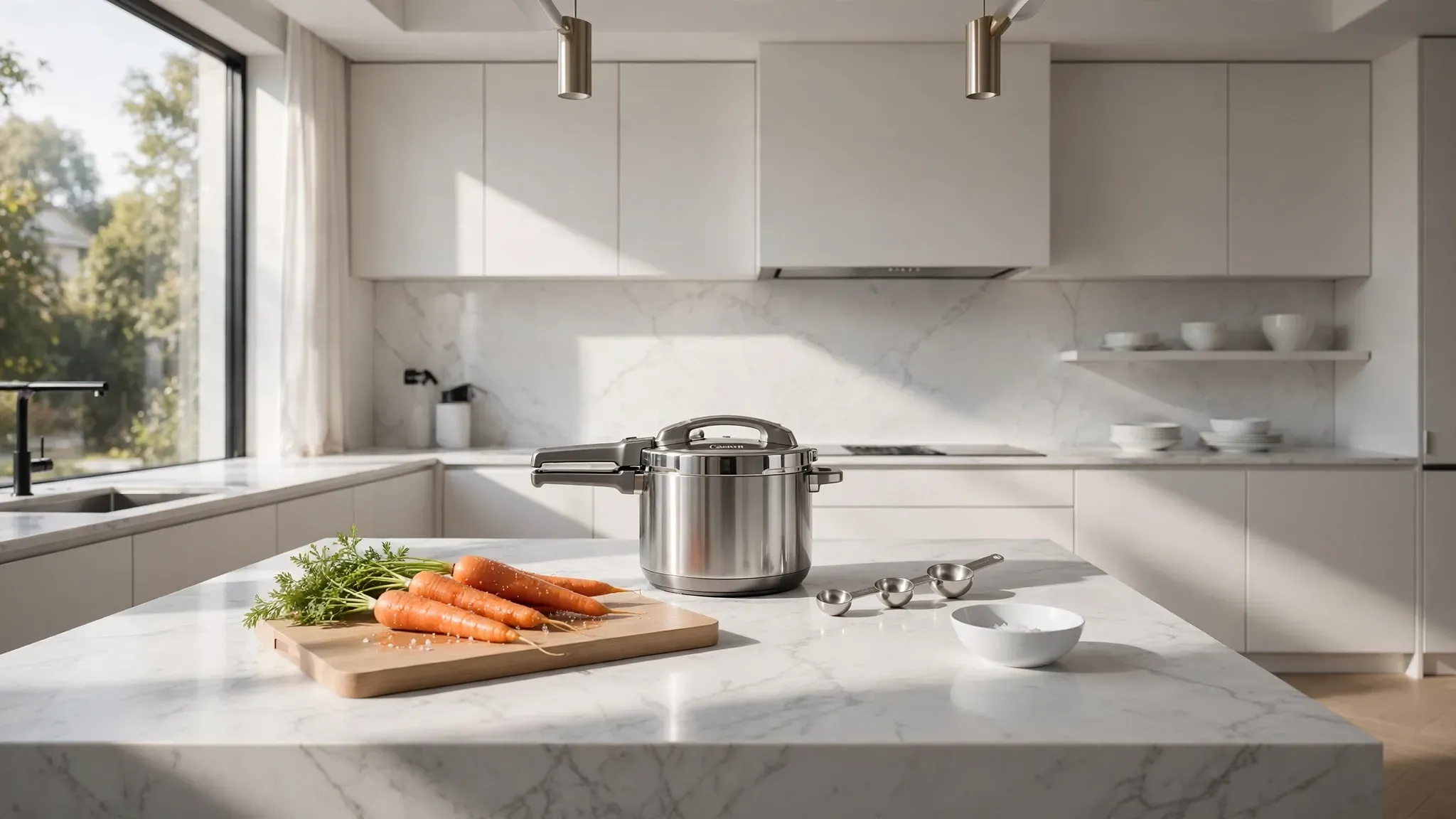 Modern pressure cooker on a marble kitchen counter surrounded by fresh vegetables and herbs