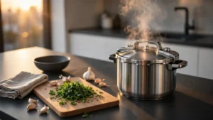 A steaming instant pot surrounded by fresh vegetables and herbs on a kitchen counter