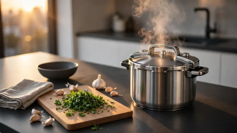 A steaming instant pot surrounded by fresh vegetables and herbs on a kitchen counter