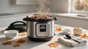 Warm hearty stew in an electric pressure cooker surrounded by autumn leaves and pumpkins
