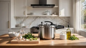 A sleek pressure cooker on a wooden kitchen counter surrounded by fresh vegetables