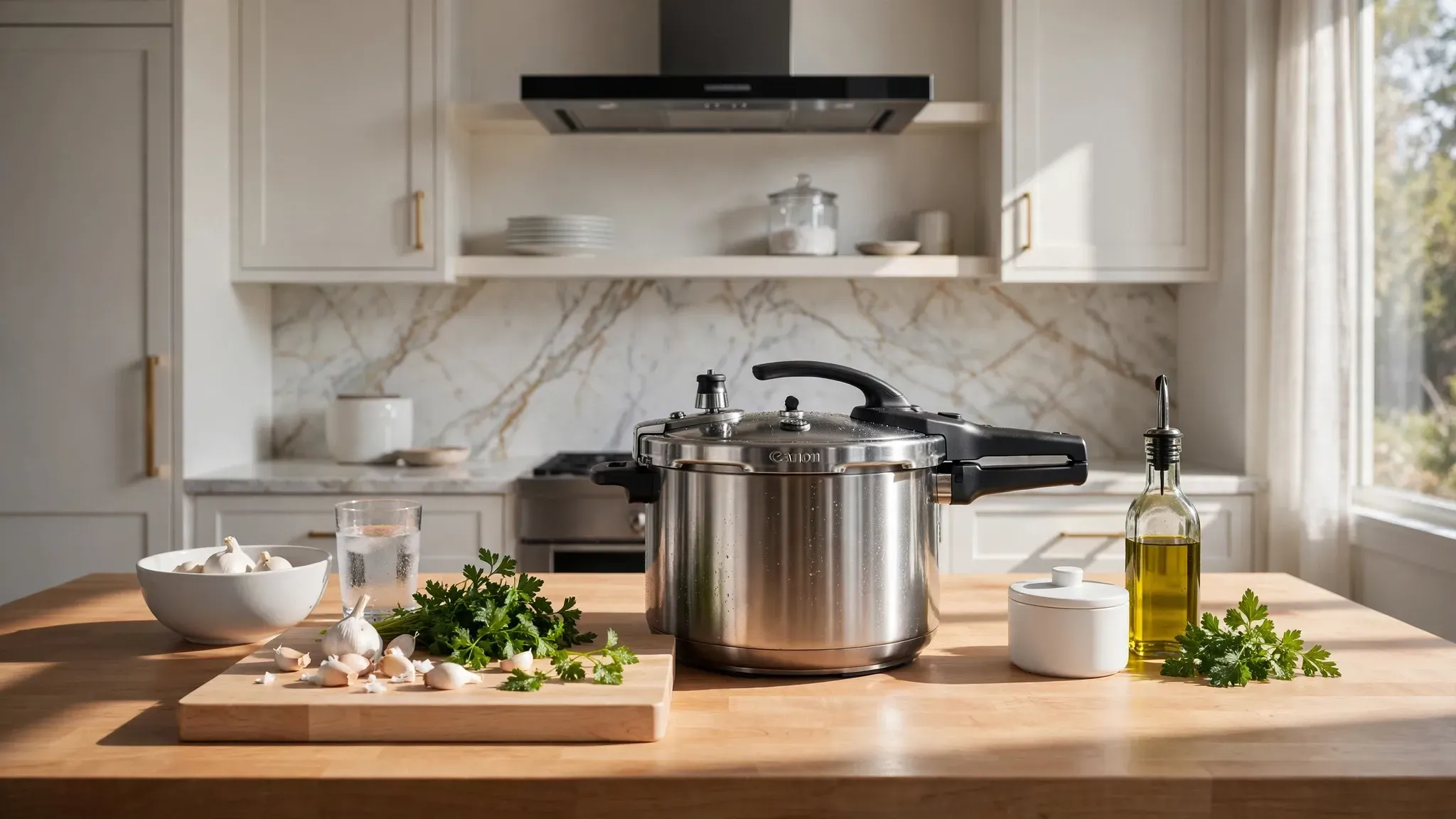 A sleek pressure cooker on a wooden kitchen counter surrounded by fresh vegetables