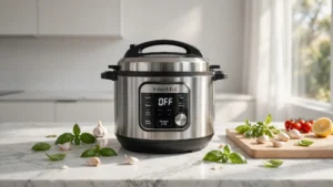 A modern pressure cooker on a marble kitchen island surrounded by fresh ingredients