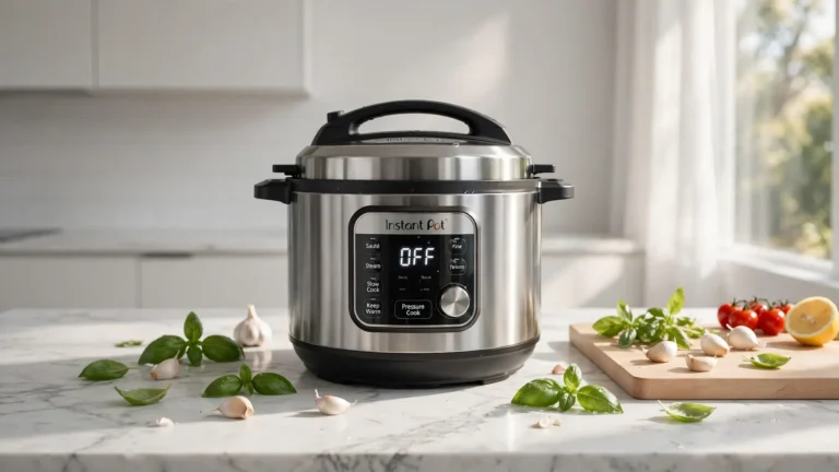 A modern pressure cooker on a marble kitchen island surrounded by fresh ingredients