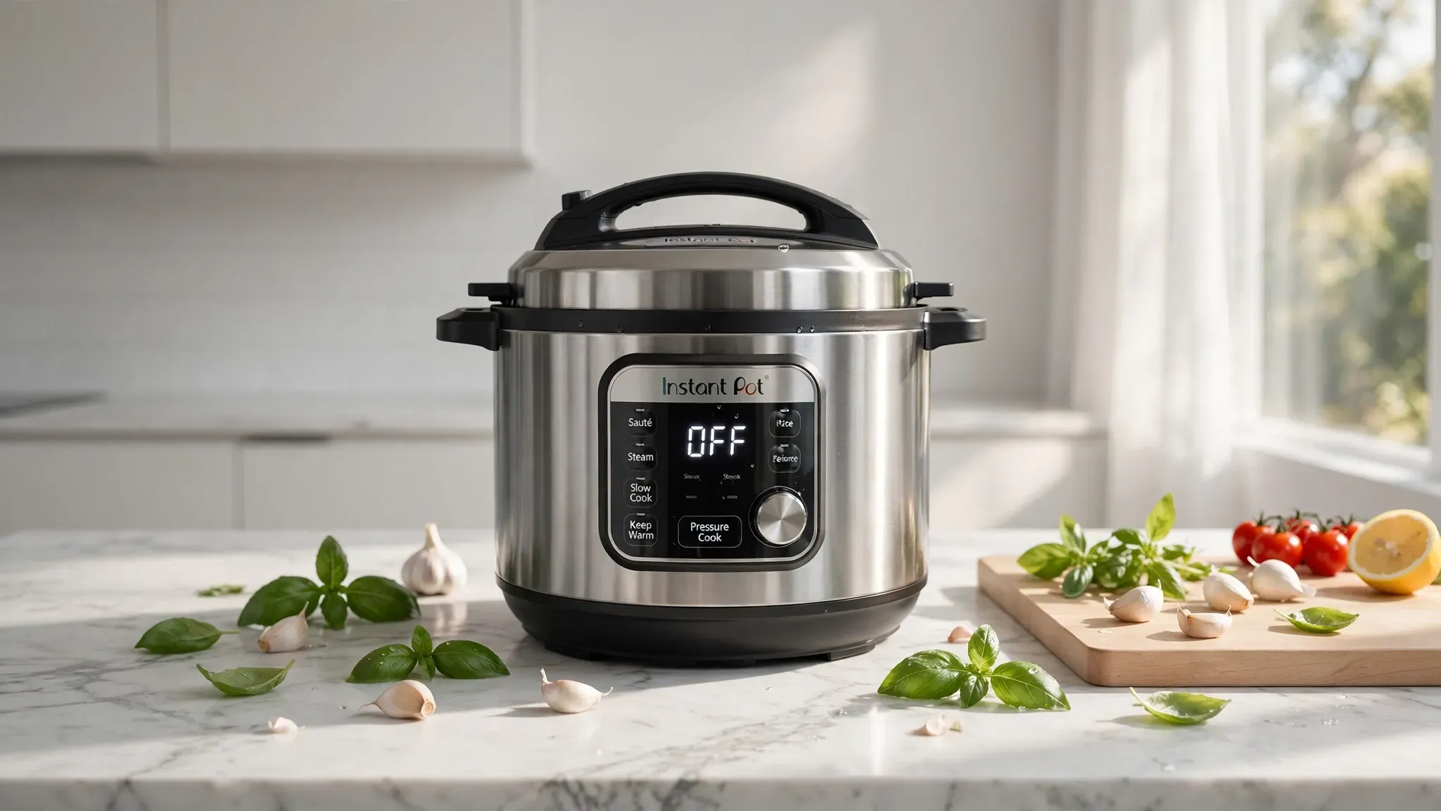 A modern pressure cooker on a marble kitchen island surrounded by fresh ingredients