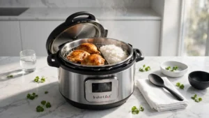 An Instant Pot on a kitchen counter filled with cooked chicken and fluffy rice